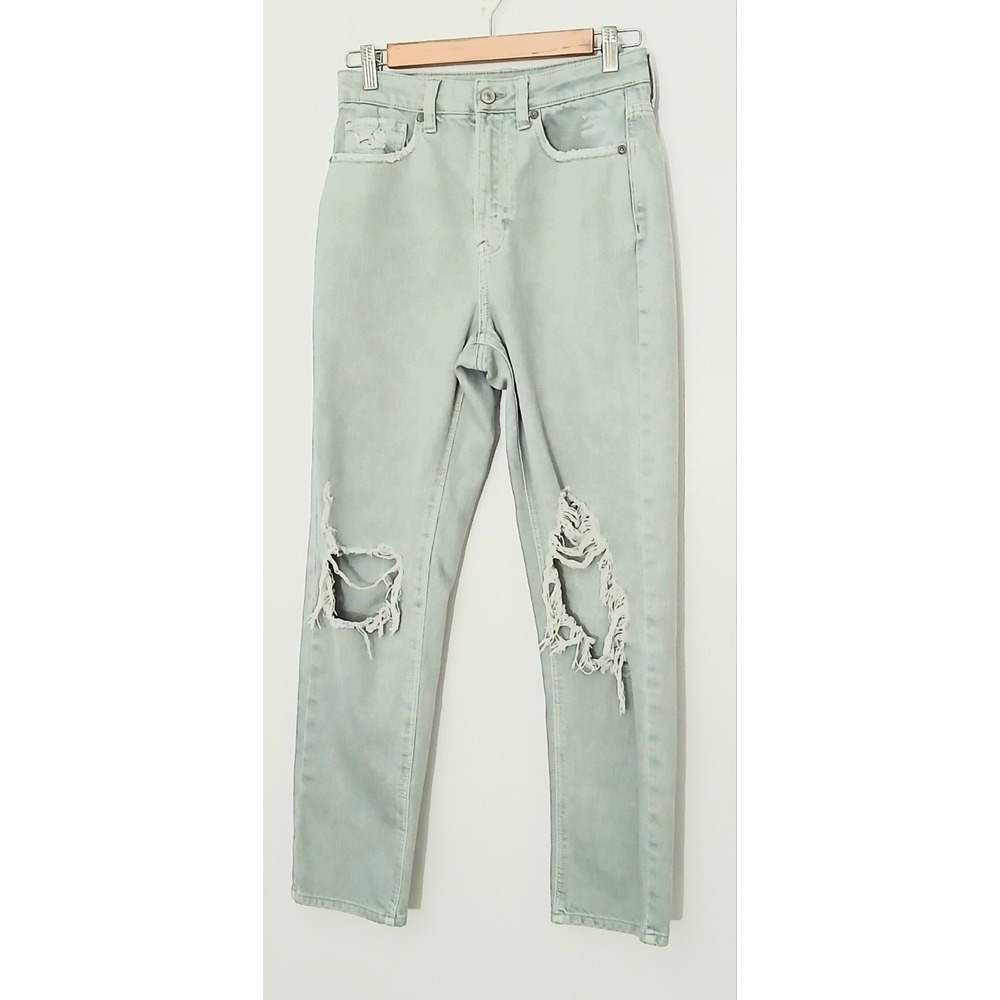 American Eagle Ripped Mom Straight Jeans Size 6 Light Green Distressedβ Spring